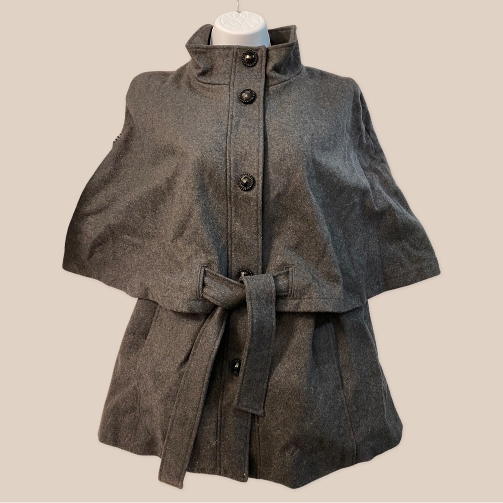 Betsey Johnson Grey Cape coat with snap buttons and sash